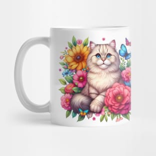 A cat decorated with beautiful colorful flowers. Mug